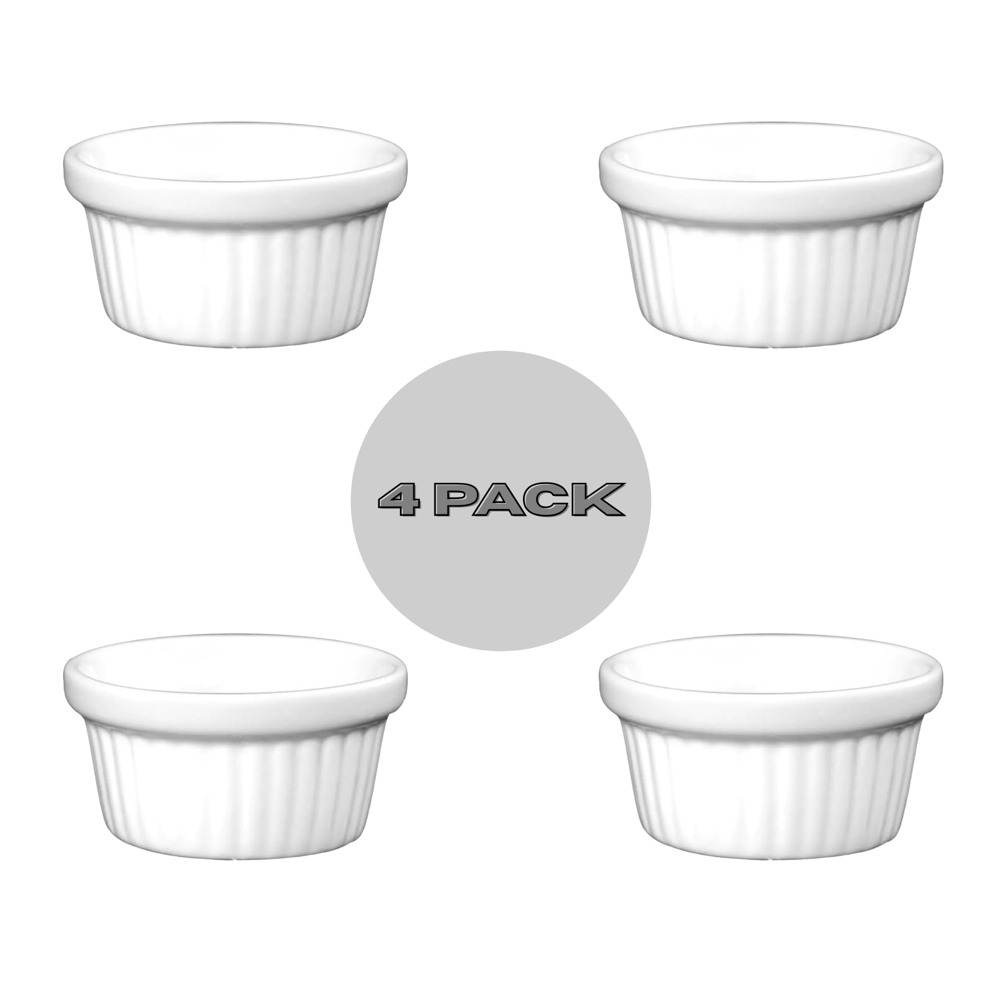 Fonteme 2 oz White Ceramic Fluted Ramekins Set of 4 – Oven Safe Ramekin Dishes for Baking Soufflé Custard Dessert Dip Sauce Prep Bowls – Durable Porcelain Bakeware