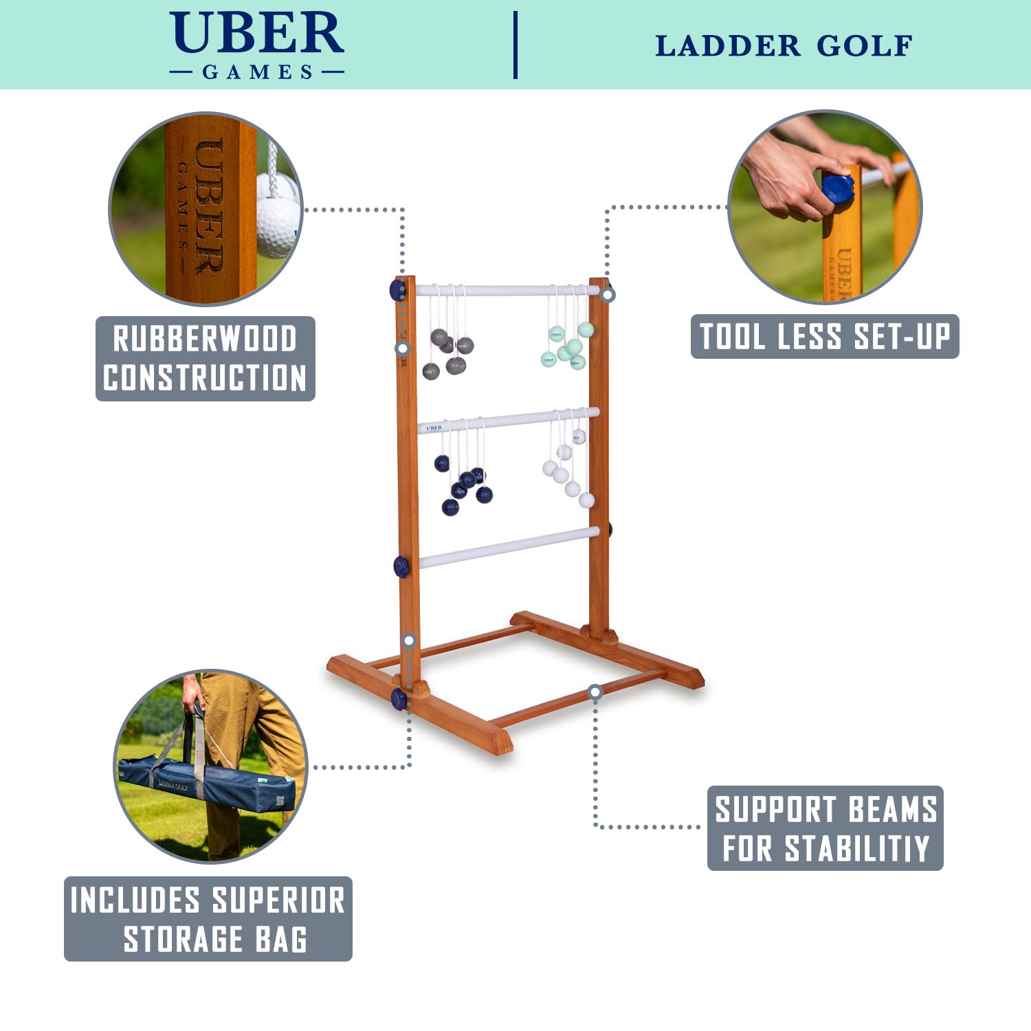 Uber Games Ladder Golf-Spielset – Hochwertiges Leiter-Gartenspiel aus Gummibaumholz – 12 Bolas-Bälle aus echtem Gold und Tragetasche und Aufbewahrungstasche aus Segeltuch