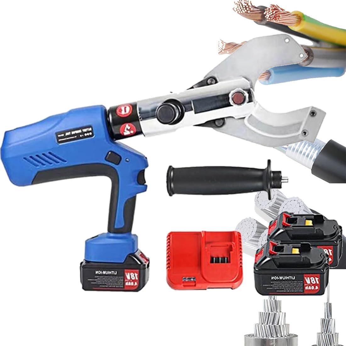 Akumulatorowy hydrauliczny obcinacz do kabli, elektryczne narzędzie do cięcia przewodów miedzianych i aluminiowych, zawiera 2 baterie, zasilanie bateryjne, wytrzymałe narzędzie tnące