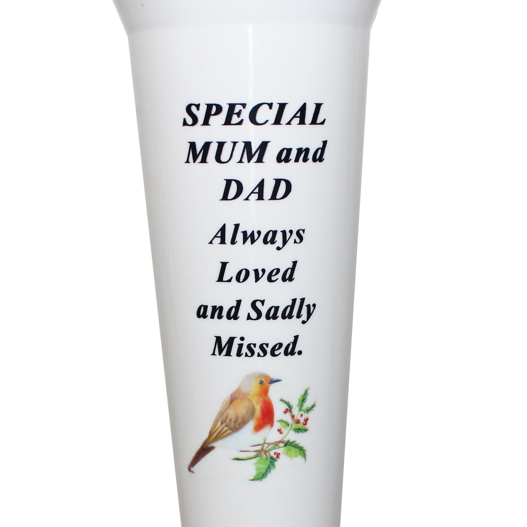 Memorial Grave Flower Pot - 33cm tall Sturdy White Memorial Graveside Flower Vase with Spike and Robin Image (Special Mum and Dad) - Image 2