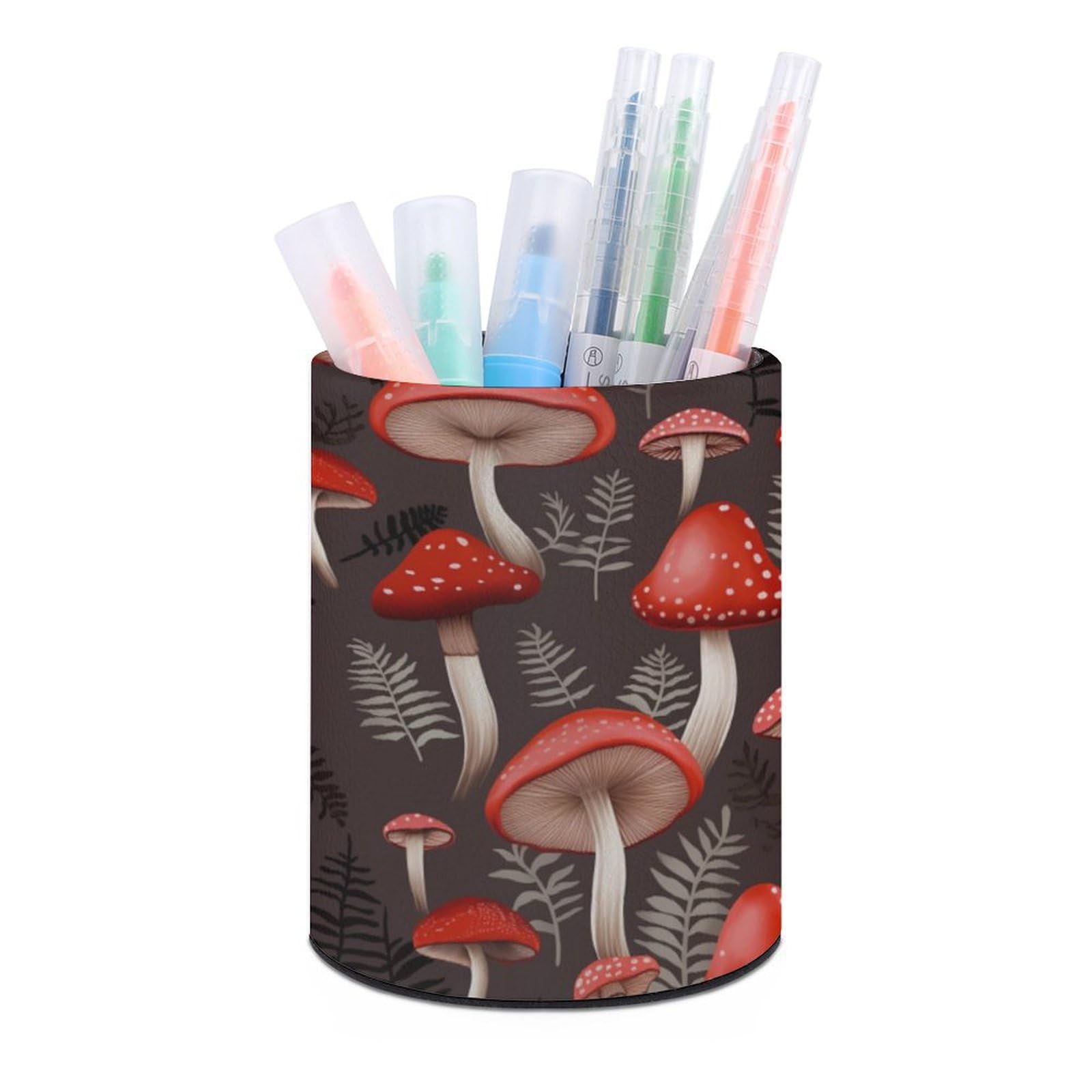 JTREHY Round Pen Holder,Red Mushrooms Printed Makeup Brush Storage Box Desktop Stationery Storage Cup Office Accessories Storage Box Pencil Storage Box for Home Office Dressing Table