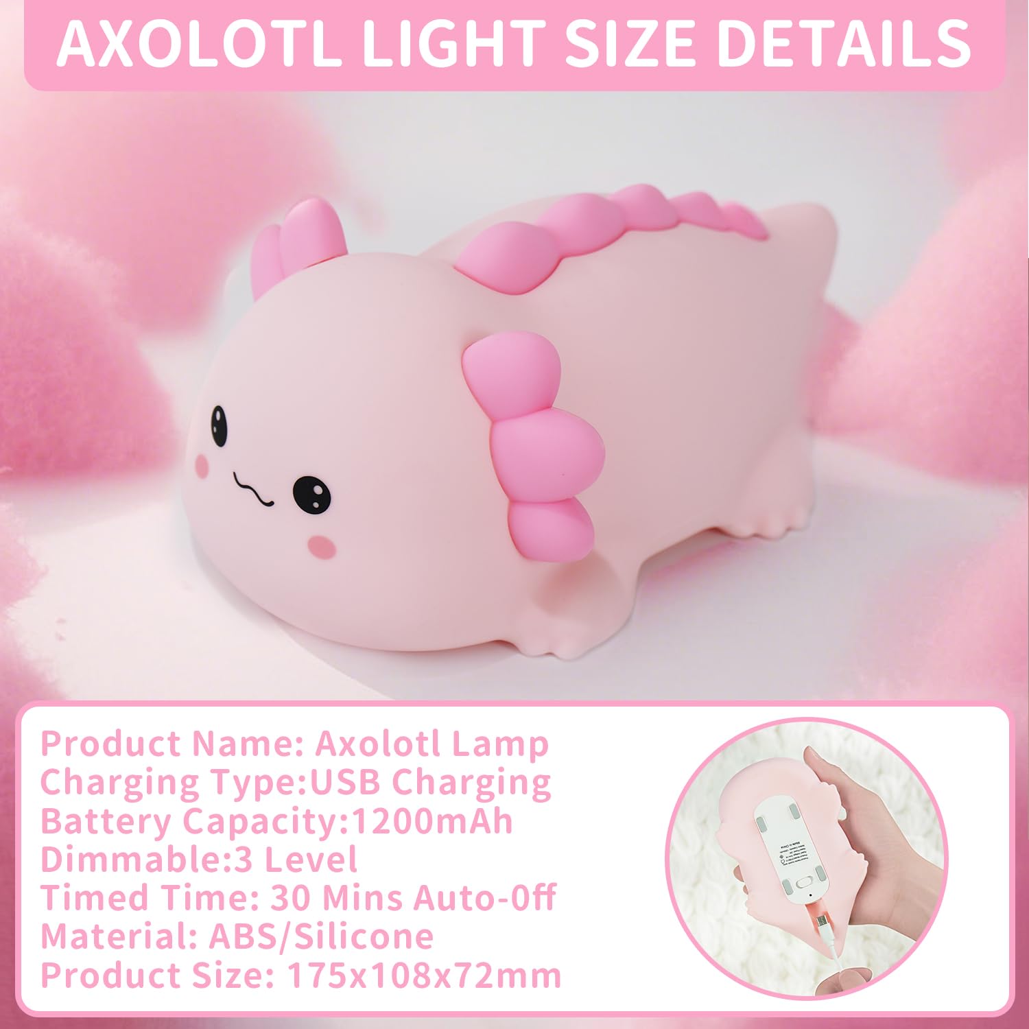 Axolotl Silikon-Nachtlicht für Kinderzimmer, dimmbar, LED-Tierlampe mit Timer, niedliche Geschenke, wiederaufladbare Schlafzimmer-Nachttischlampe mit Touch-Sensor, Spielzeug für Kinder