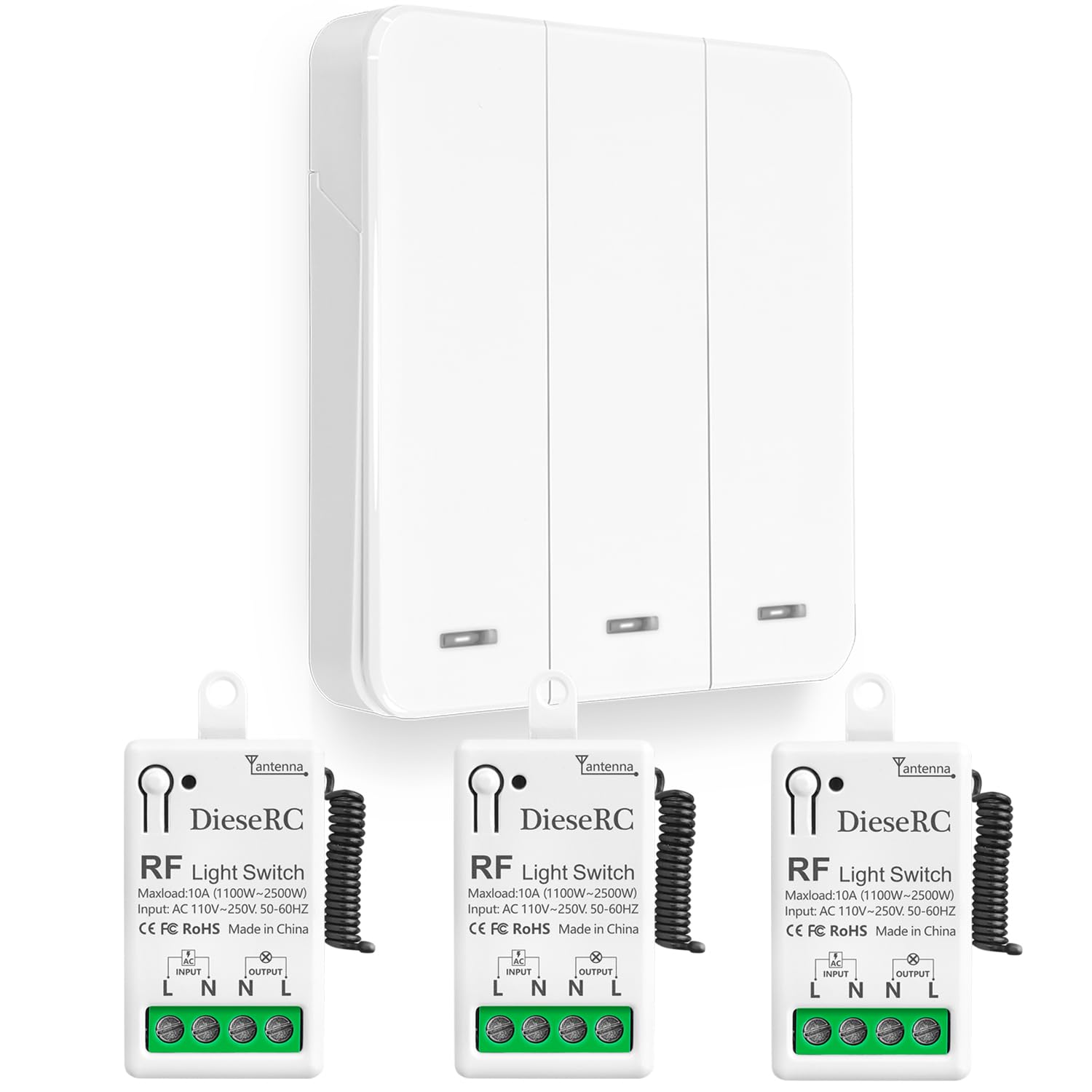 DieseRC Mini Wireless Light Switch Kit 86 Wall Panel RF Safety Switch and 10 Amp Relay receiver controller, No Wiring Easy Install, for Indoor Outdoor Light Lamp