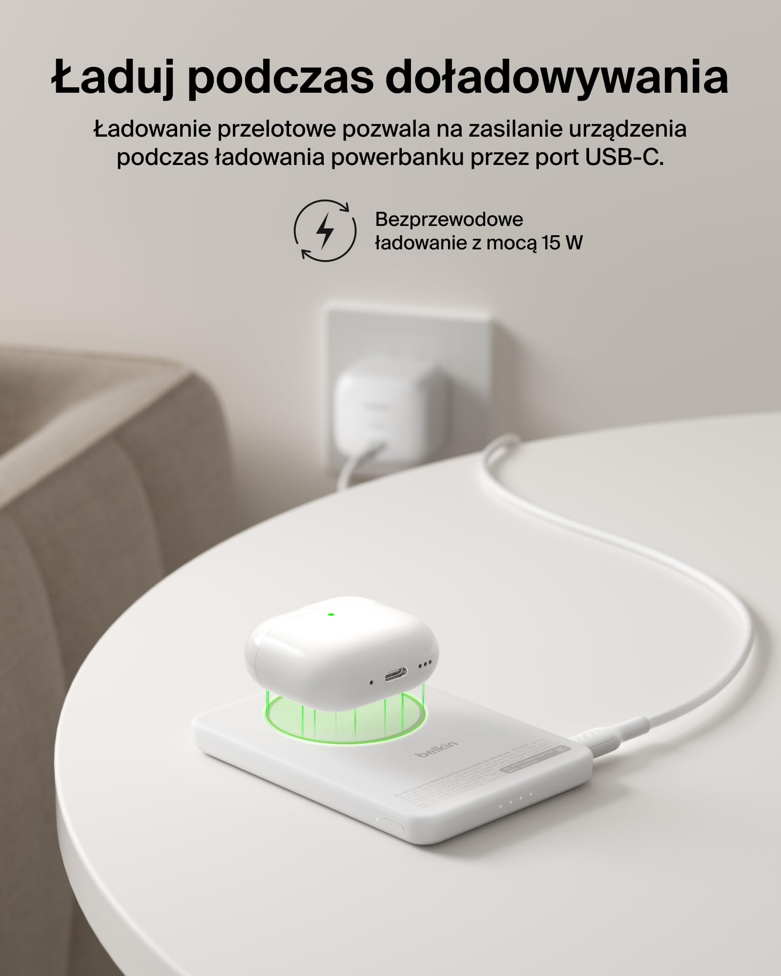 Belkin BoostCharge Cienki Magnetyczny Powerbank 5000 mAh, Podpórka – Biały | Powerbank Bezprzewodowy 5000 mAh Qi2, Pierścień Magnetyczny, Port USB-C, Naładowany, Kabel w Zestawie, do Podróży Samolotem
