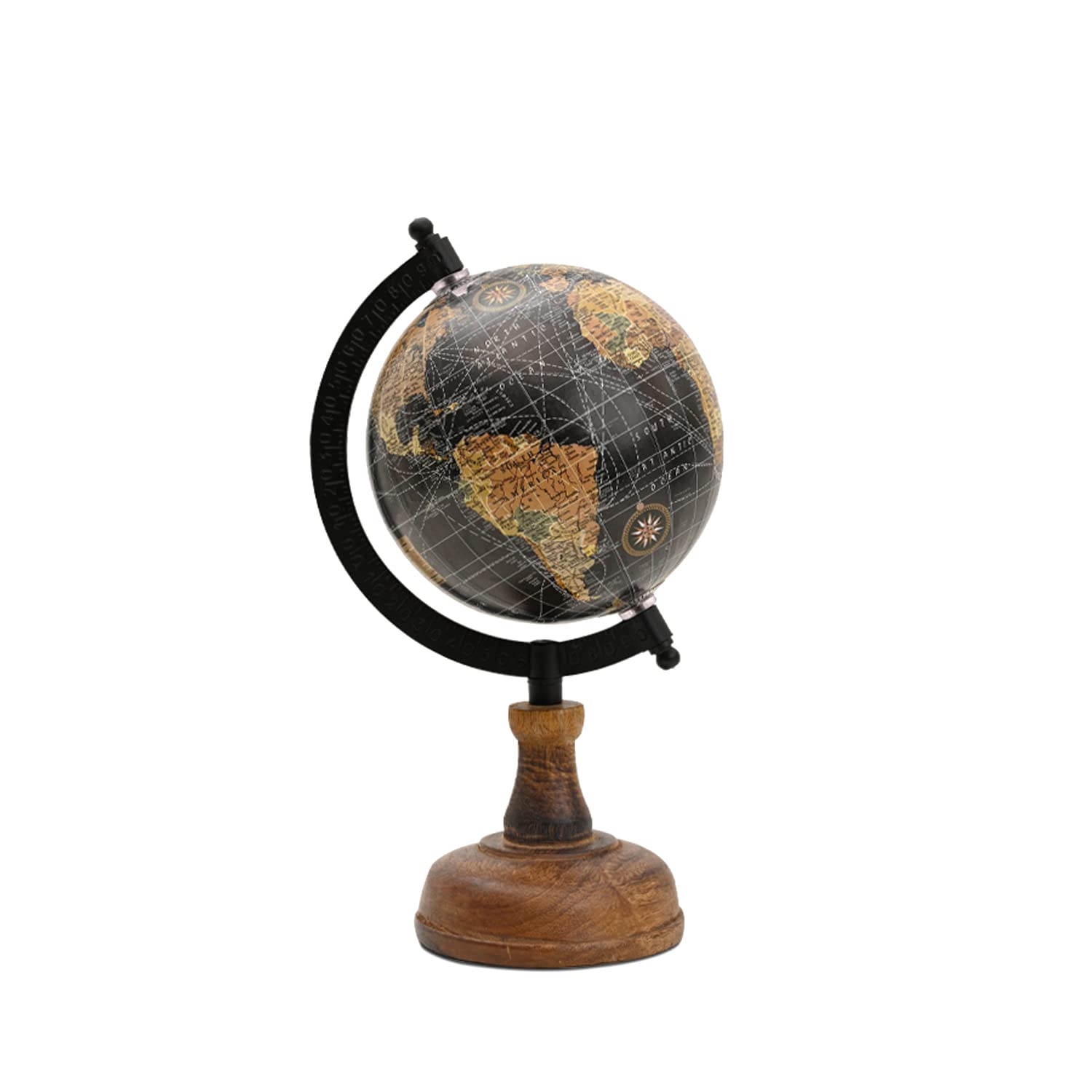 CASADECOR Home Décorative Educational Globe Blue Metallic Black Arc With Metallic Arc & Wooden Base Color Brown & Black 5 Inch Rotating Globe Pack of 1