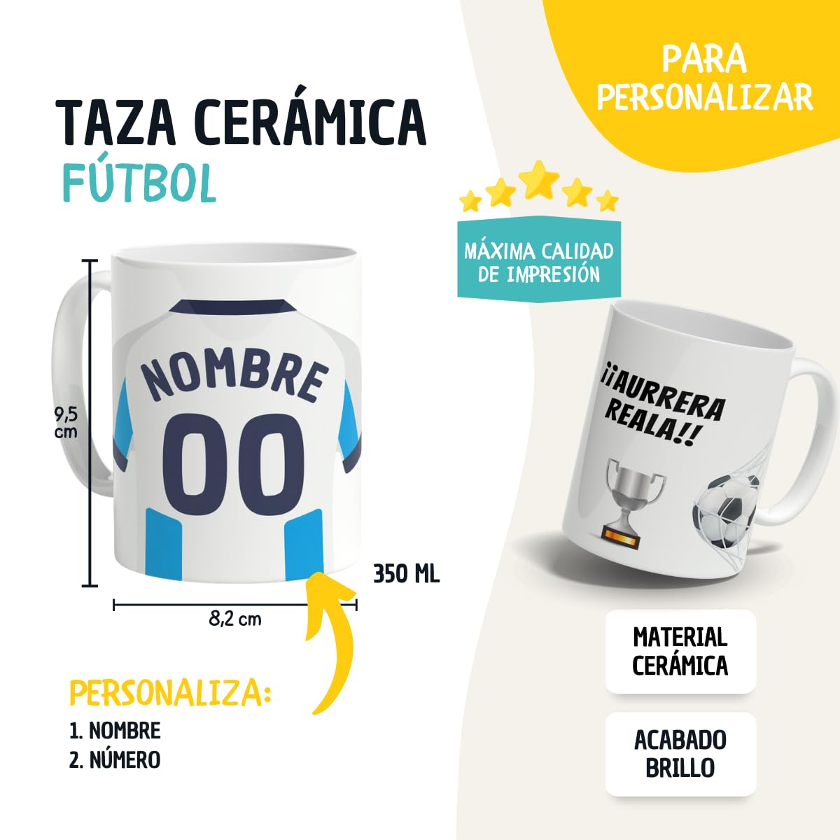 DEREGALOOS Taza Personalizada con nombre de Fútbol Sociedad. Tazas de Desayuno personalizada. Regalo Original para Aficionados del Futbol. Regalos Mundial Sociedad. Pulsera de regalo