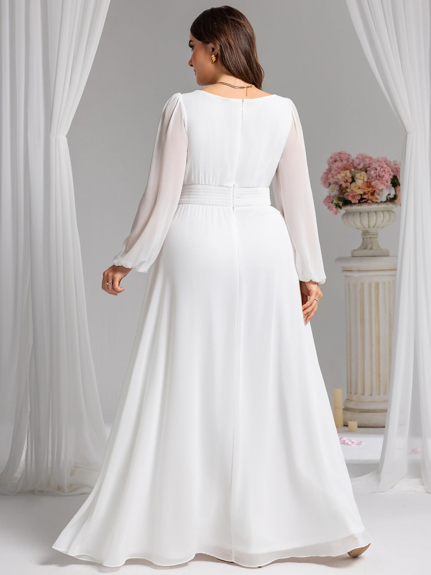 Ever-Pretty Damen-Kleid, Rundhalsausschnitt, lange Ärmel, plissiert, Empire-Taille, Chiffon, fließend, Übergröße, formelles Kleid, Brautjungfernkleid