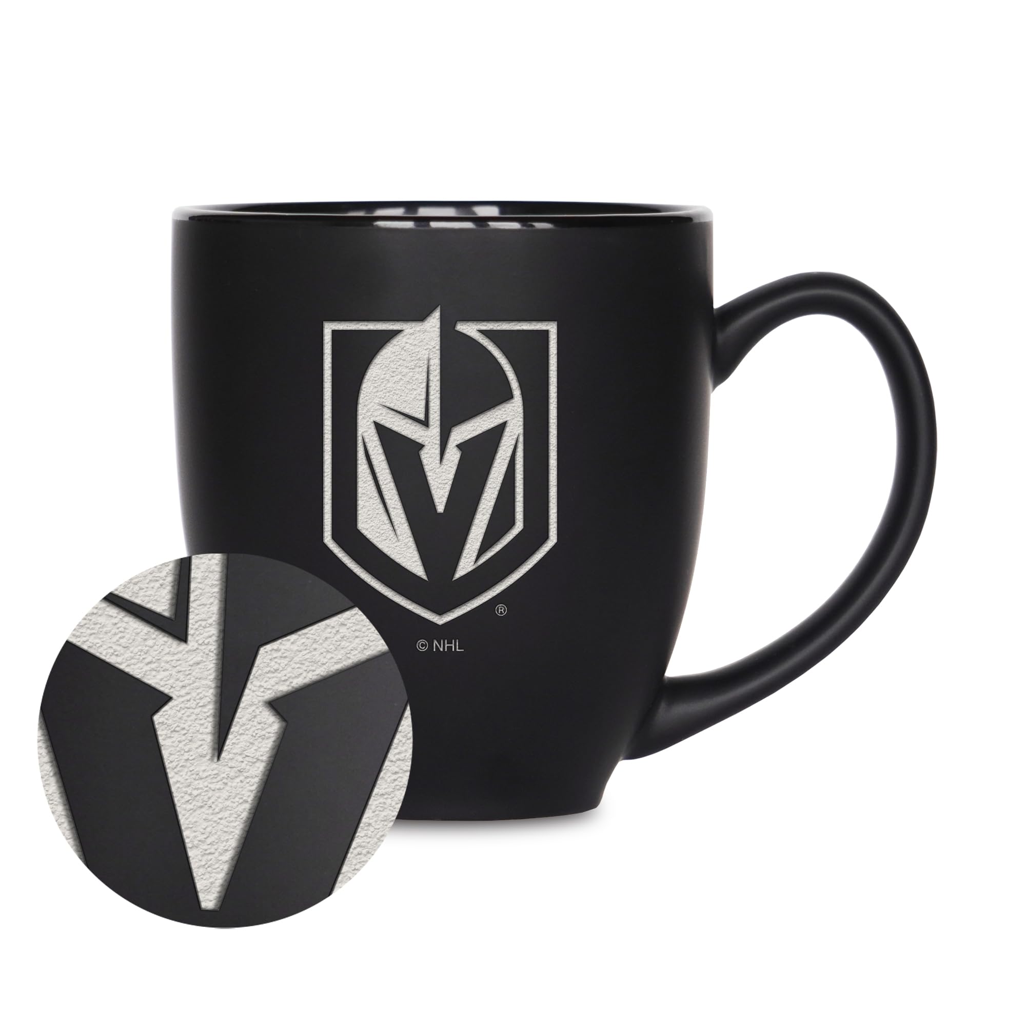 Rico Industries NHL Hockey Vegas Golden Knights 15oz Laser Engraved Matte Black Ceramic Bistro Mug - For Hot or Cold Drinks