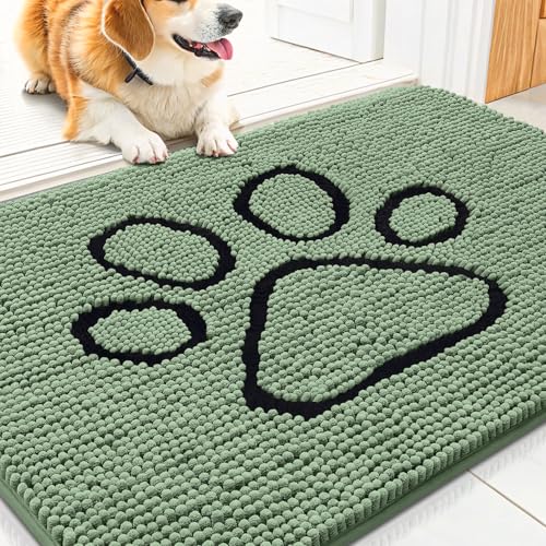 Image of Smiry Dog Door Mat for Muddy Paws, Absorbent Dirt Trapper Non Slip Quick Dry Washable Chenille Mat for Mud Dogs, Entry Rug for Indoor and Outdoor (30x20 Inches, Olive Green and Black)