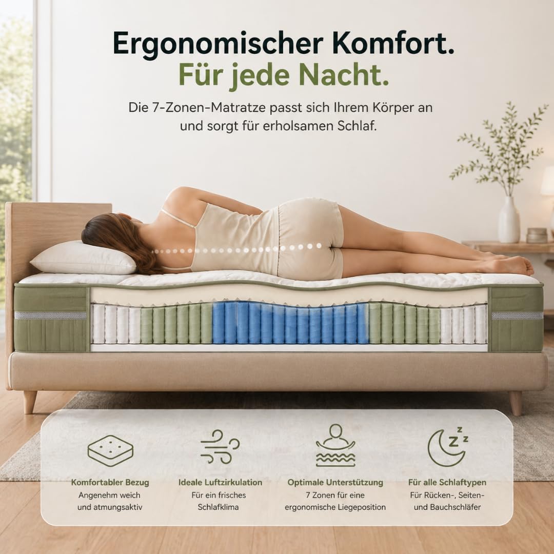7-Zonen Taschenfederkernmatratze 22 cm – H2-H5 Härtegrade, beidseitiger Topper (weich/fest), ergonomisch & atmungsaktiv, Oeko-TEX, 30 Nächte Probeschlafen, gerollt geliefert (90x200 cm, H4)