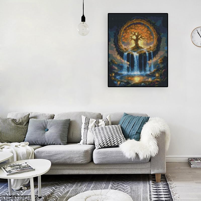 Image of Tree of Life Stamped Cross Stitch Kits - Waterfall Needlepoint Counted Cross Stitch Kits for Beginners Adults Patterns Crossstitching Dimensions Embroidery Kits Arts and Crafts