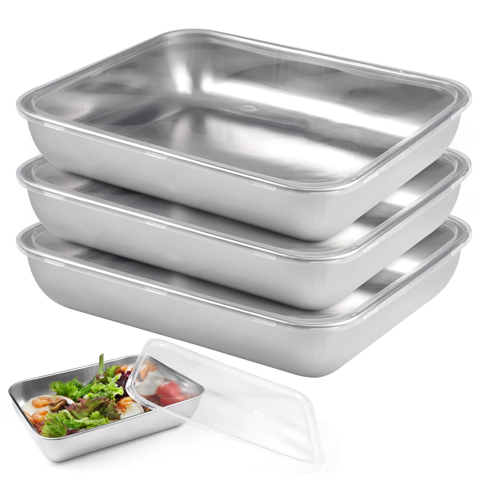 Zyren Set di 3 Teglie per Impanatura in Acciaio Inox,25x20x5 cm Teglia Forno Inox Rettangolare,Ciotole per Impanare,Facili da Pulire,Riutilizzabile,Vassoio Acciaio Impilabili per Carne,Pesce,Verdure