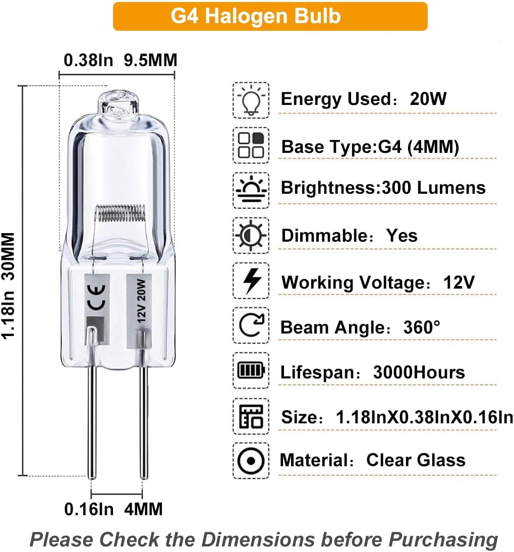 Vinaco G4 Light Bulb, G4 Halogen Bulbs 20W, 10PCS G4 Bulb 12V AC/DC Dimmable, G4 Bi-Pin Base 2800K Warm White with Long Lasting Lifetime, High Brightness 300LM T3 JC Type for Cabinet Lights