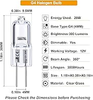 Vista 2 de Bombilla G4, bombillas halógenas G4 de 20 W, 10 bombillas G4 de 12 V CA/CC regulables, base G4 bi-pin 2800 K blanco cálido con larga vida útil, alto