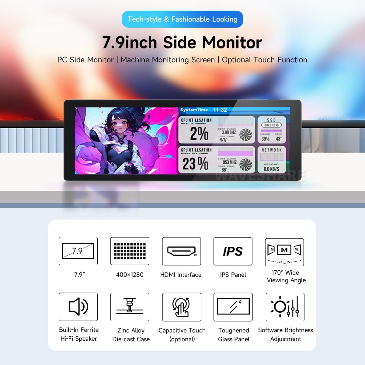 waveshare 7.9inch IPS Display, 400×1280 Pixel, Compatible with Raspberry Pi 5/4B/3B+/3A+/2B/B+/A+/Zero/Zero W/WH/Zero 2W CM3+/4, HDMI Interface, Hi-Fi Speaker, Without Touch Function
