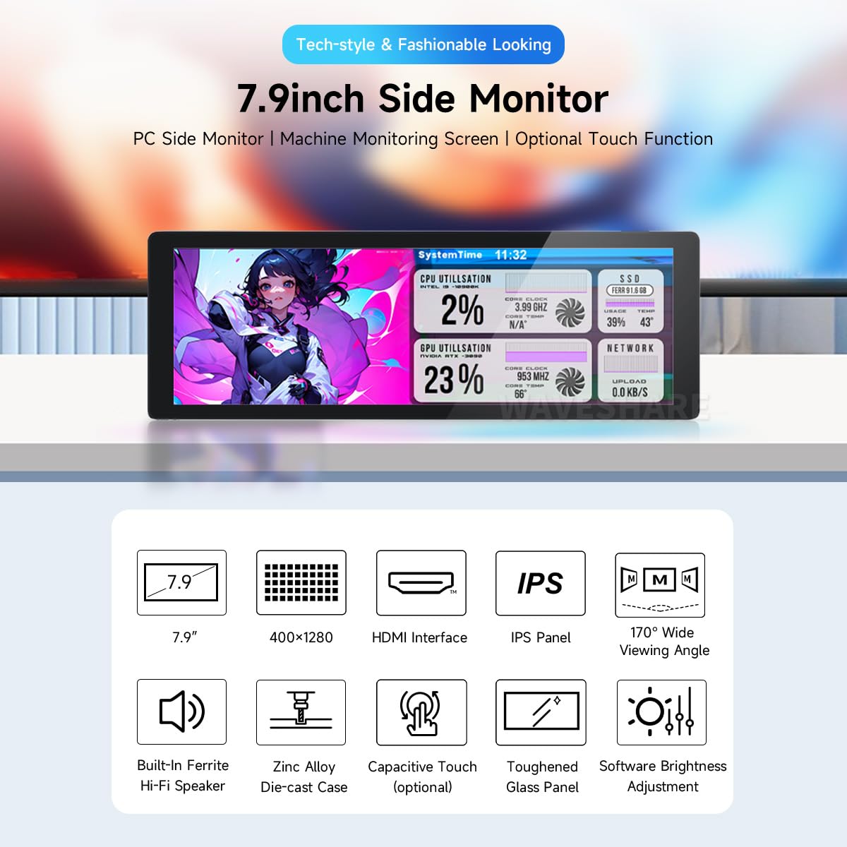 Waveshare 7.9inch IPS Touch Screen, 400 x 1280 Pixel, Toughened Glass Panel, HDMI Interface, with Hi-Fi Speaker, Collapsible Stand & Metal Case, Compatible with Raspberry Pi/Jetson Nano/Core3566/PC