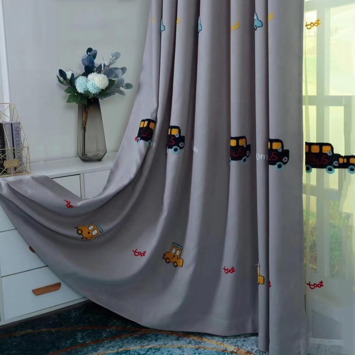 Gardinen Jungen Kinderzimmer Jungenzimmer Blickdicht Öse Auto Stickerei | Kinder Vorhang Lichtdurchlässig Junge Kindergardinen Kindervorhang Verdunkelungsgardinen Ösenvorhang Baby 2er Pack 140x175