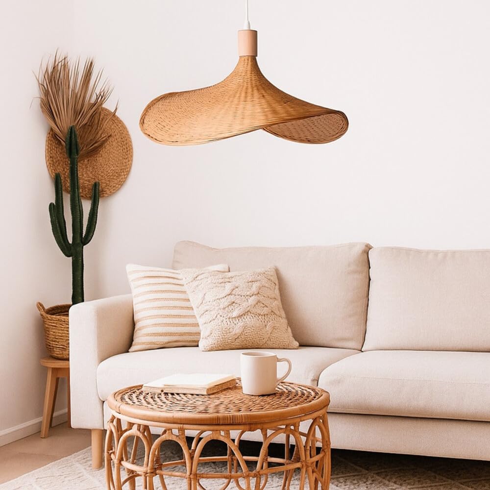 Lampada a sospensione in vimini "Bellas" Design artigianale e stile sombrero | Lampada Techo Decorativa Naturale per Comodini, Saloni o Locali | Compatibile con Bombilla E27 (non inclusa)