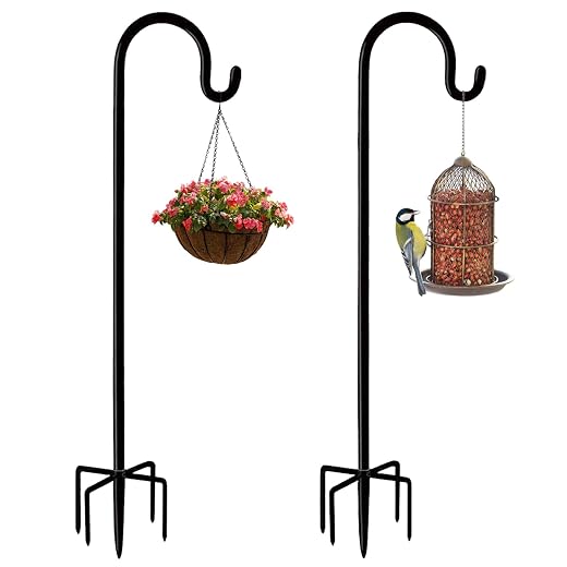 Outdoor Shepherd Hook with 5 Prong Base, Bird Feeder Pole Stand, Adjustable Heavy Duty Garden Hanging Stake for Solar Light Plant Hanger Wedding Decor