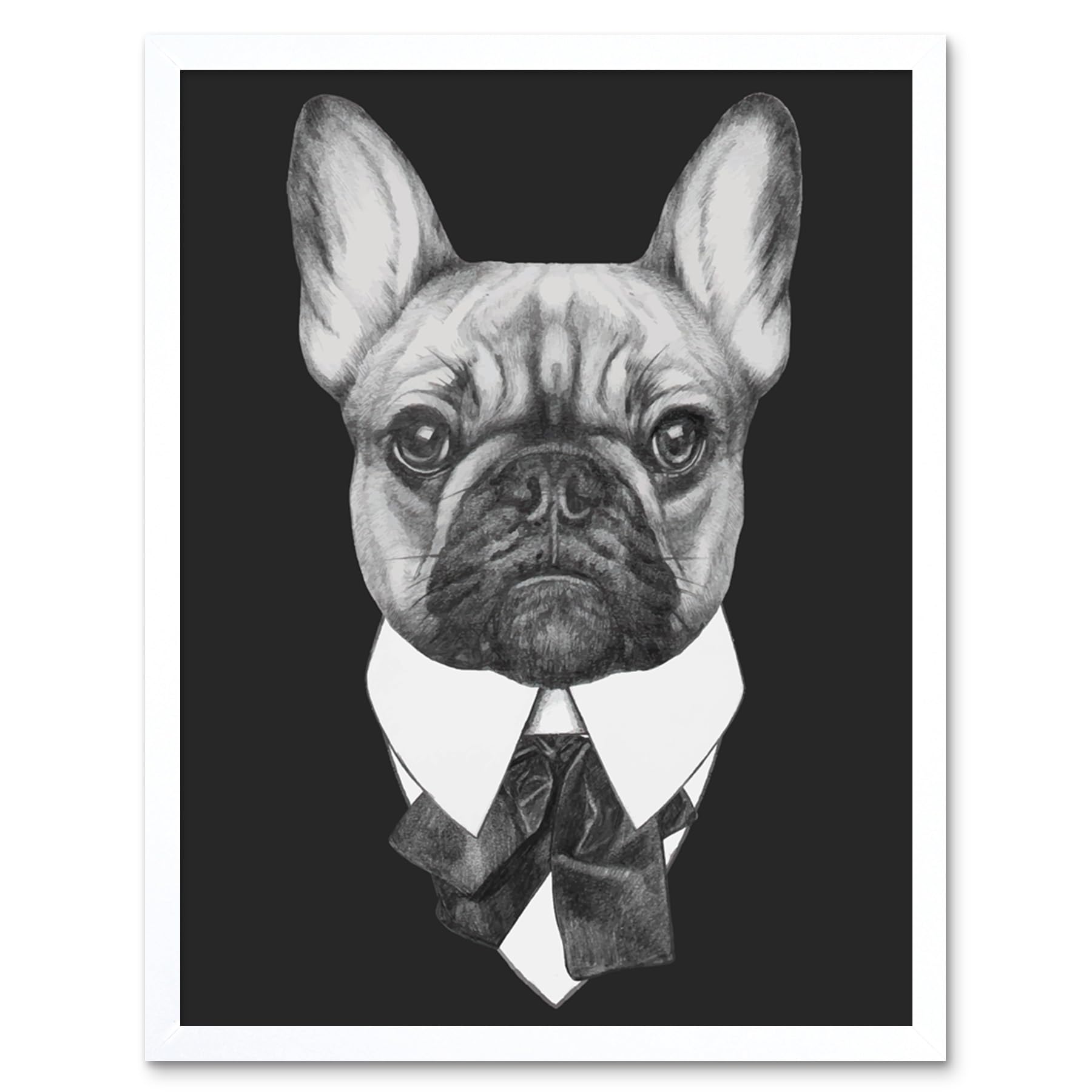Wee Blue Coo Bow Tie French Bulldog Drawing Art Print Framed Poster Wall Decor 12X16 Inch