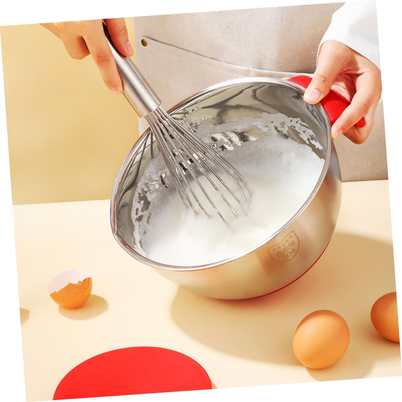 Stainless Steel Mixing Salad Bowl Set with Silicone Base and Red Handles, 18cm 20cm Multi-function Reusable Food Bowls with 2 Lettered Lids and 3 Graters, for Baking, Kneading