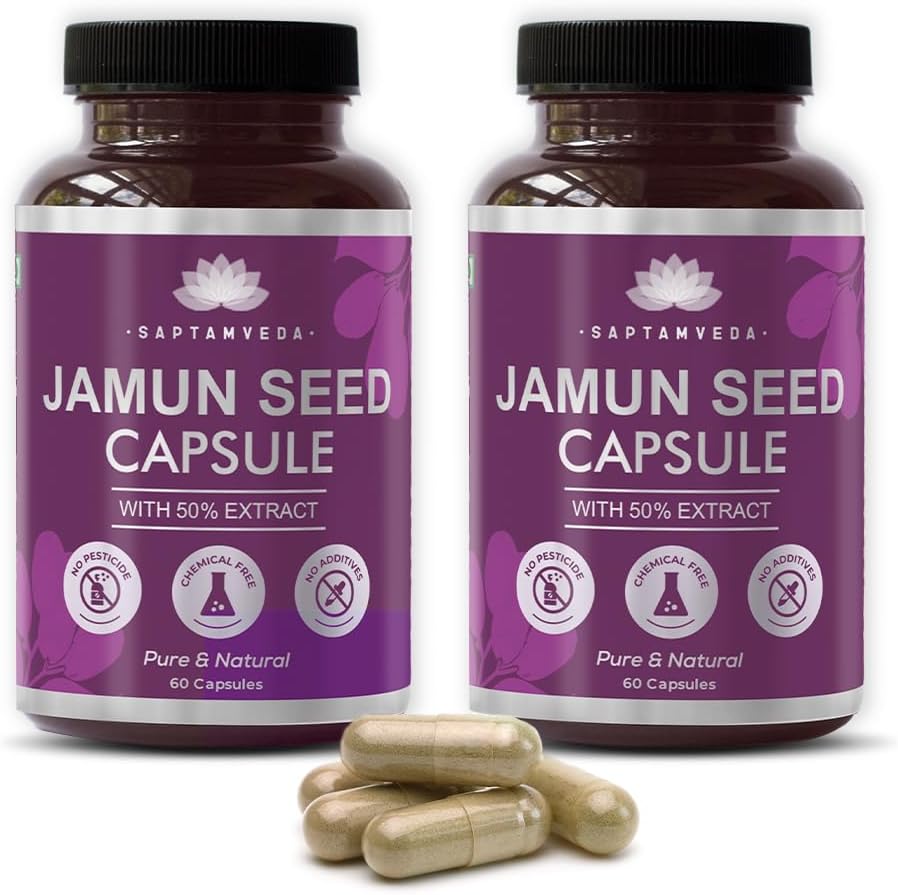 Saptamveda Natural Jamun Seed Powder Capsules with 50% Extract Pack 2, 500 mg (120 Capsules) | Good for Heart & Liver, Promotes Healthy Digestion, Lower Blood Sugar