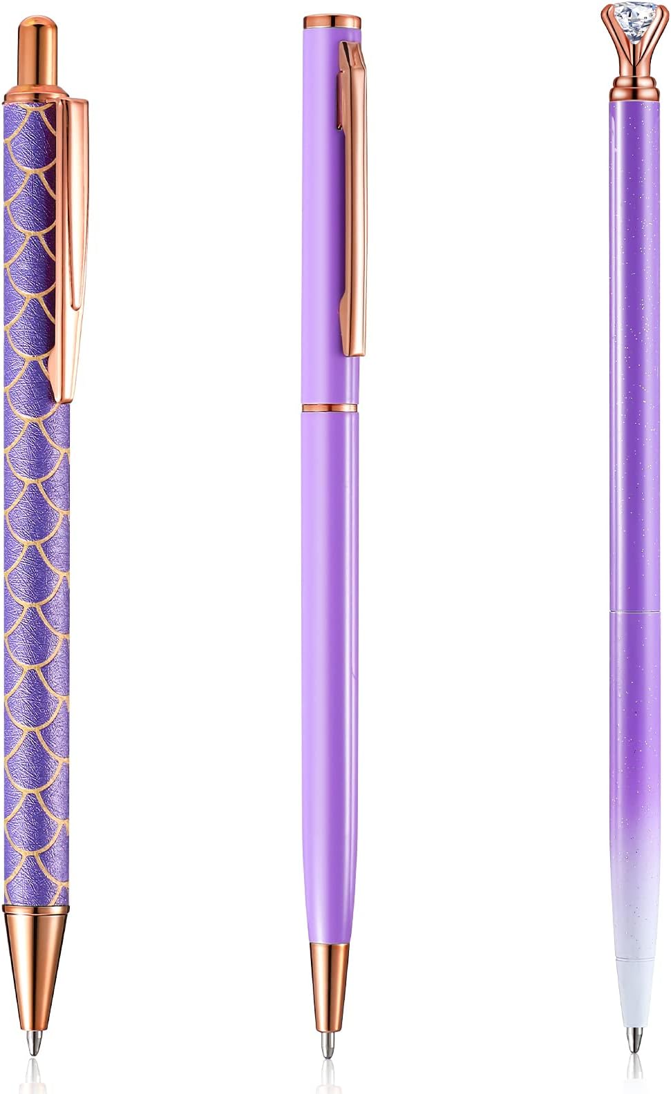 3 Pcs Purple Pens Bling Diamond Metal Ballpoint Pens Fancy Glitter Pen 1.0mm Black Ink Click Retractable Pens for Women Office Writing Gifts