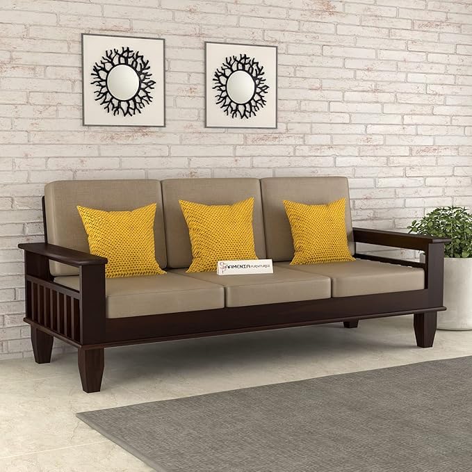 Image of Sheesham Wooden 3 Seater Sofa for Living Room | Rosewood 3 Seater Cushion Sofa with Side Newspaper Holder for Home & Office | Solid Wood Sofa Set for Lounge (-Walnut)
