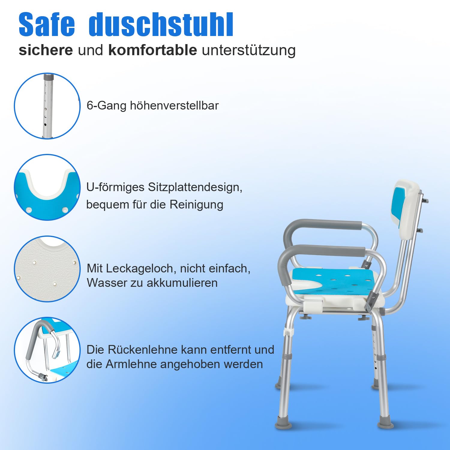 Silla de ducha con reposabrazos y respaldo, altura regulable en 6 posiciones | Con reposabrazos plegables, respaldo extraíble, asiento en forma de U, pies antideslizantes de TPR, soporta hasta 136 kg