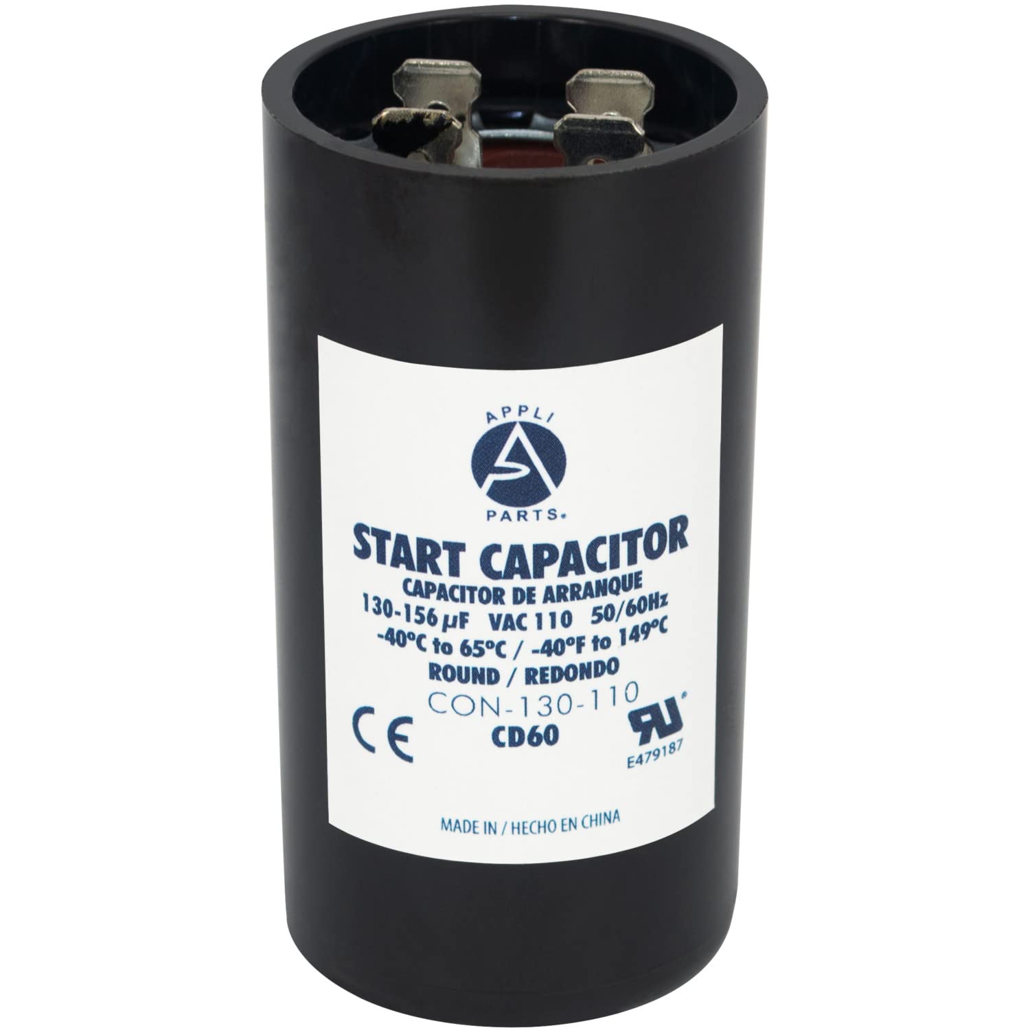 Appli Parts Motor Start Capacitor 130-156 Mfd (microfarads) uF 110-125 VAC Universal fit for Electric Motor Applications 1-7/16 in Diameter 2-3/4 in