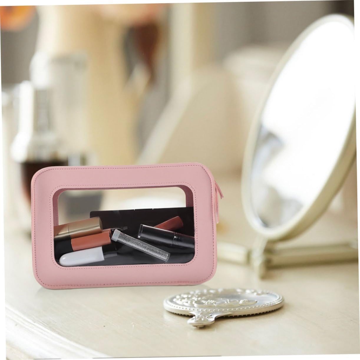 Neceser Transparente de PVC Rosa para Viaje, 2 Piezas