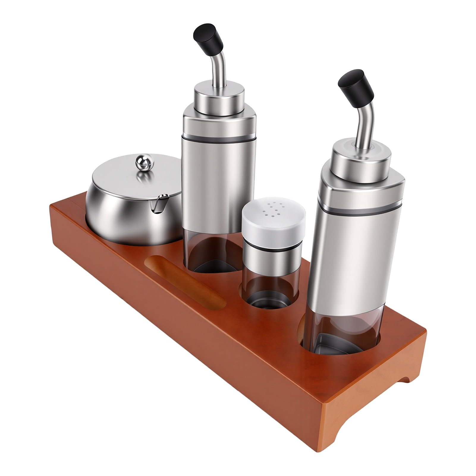 AMONIDA Gewürzspender-Set aus Edelstahl mit Stilvollem Holzsockel für Küchenutensilien, 5-teiliges Salz-Zucker-Öl-Essig-Set
