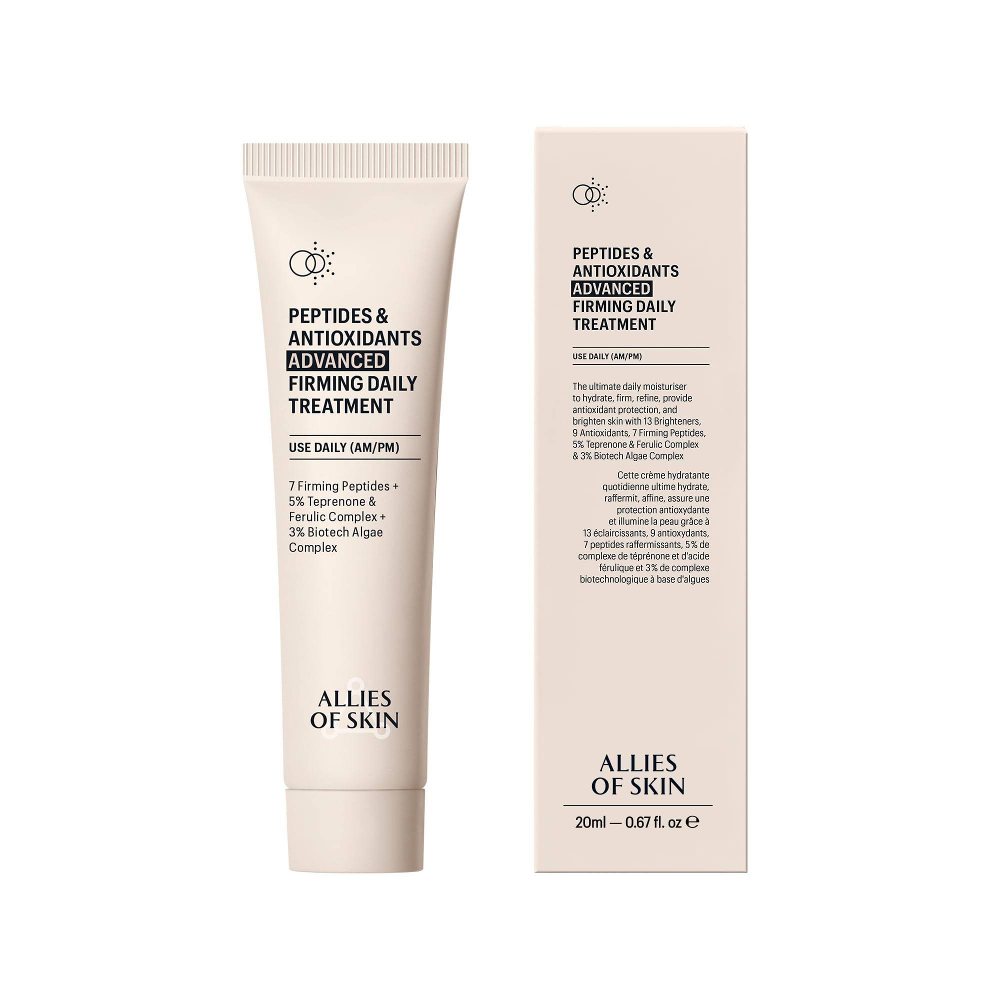 Allies of Skin Peptides & Antioxidants Advanced Firming Daily Treatment with 13 Brighteners, 9 Antioxidants, 7 Firming Peptides, 5% Teprenone & Ferulic Complex and 3% Biotech Algae Complex 20ml/0.67oz