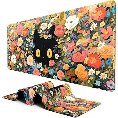 Image of Printed Gaming Mousepad - Premium Stitched Edges, Smooth Surface,Size 11x23 inches, Non-Slip Rubber Base - Ideal for Office & Gaming Setup (Anime cat Flower)