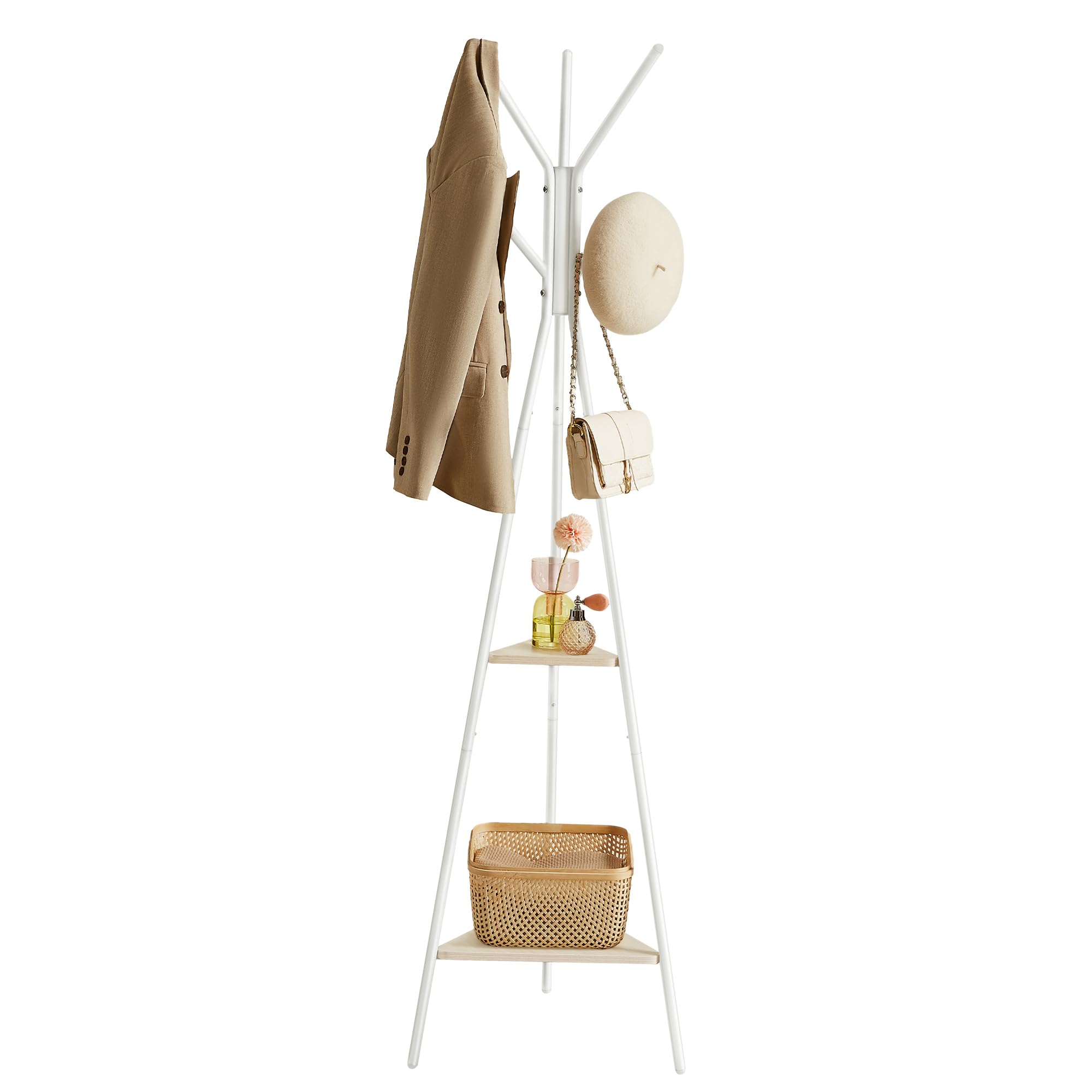 VASAGLE Rack Stand, Coat Tree, Hall Tree Free Standing, Industrial Style, with 2 Shelves, for Clothes, Hat, Bag, Natural Beige and Pearl White RCR016N01