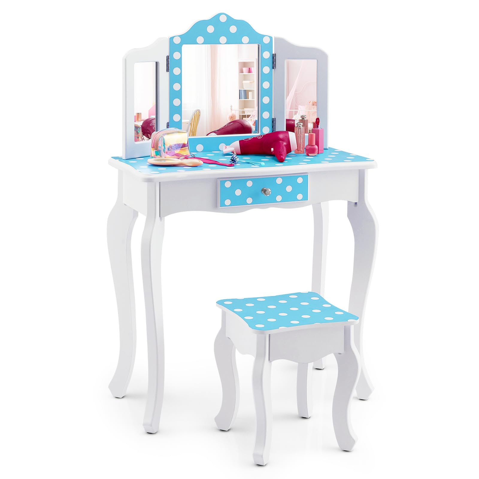 DREAMADE 2 in 1 Schminktisch Kinder mit Hocker und Abnehmbarer Spiegel, Prinzessin Frisiertisch mit Schublade Kosmetiktisch aus Holz, Kinderschminktisch für mädchen (Pünktchenmuster-Blau)