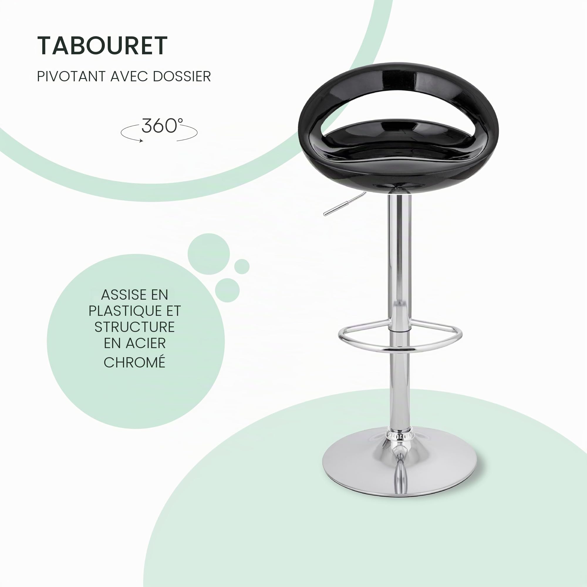 Baroni Home Tabouret de Bar Pivotant Hauteur Réglable, Assise en Plastique et Dossier, Base Chromée, Repose-Pieds et Fond Anti-Rayures, Tabouret de Cuisine et Péninsule, 37x45x59–79 cm, Noir 1 pièce