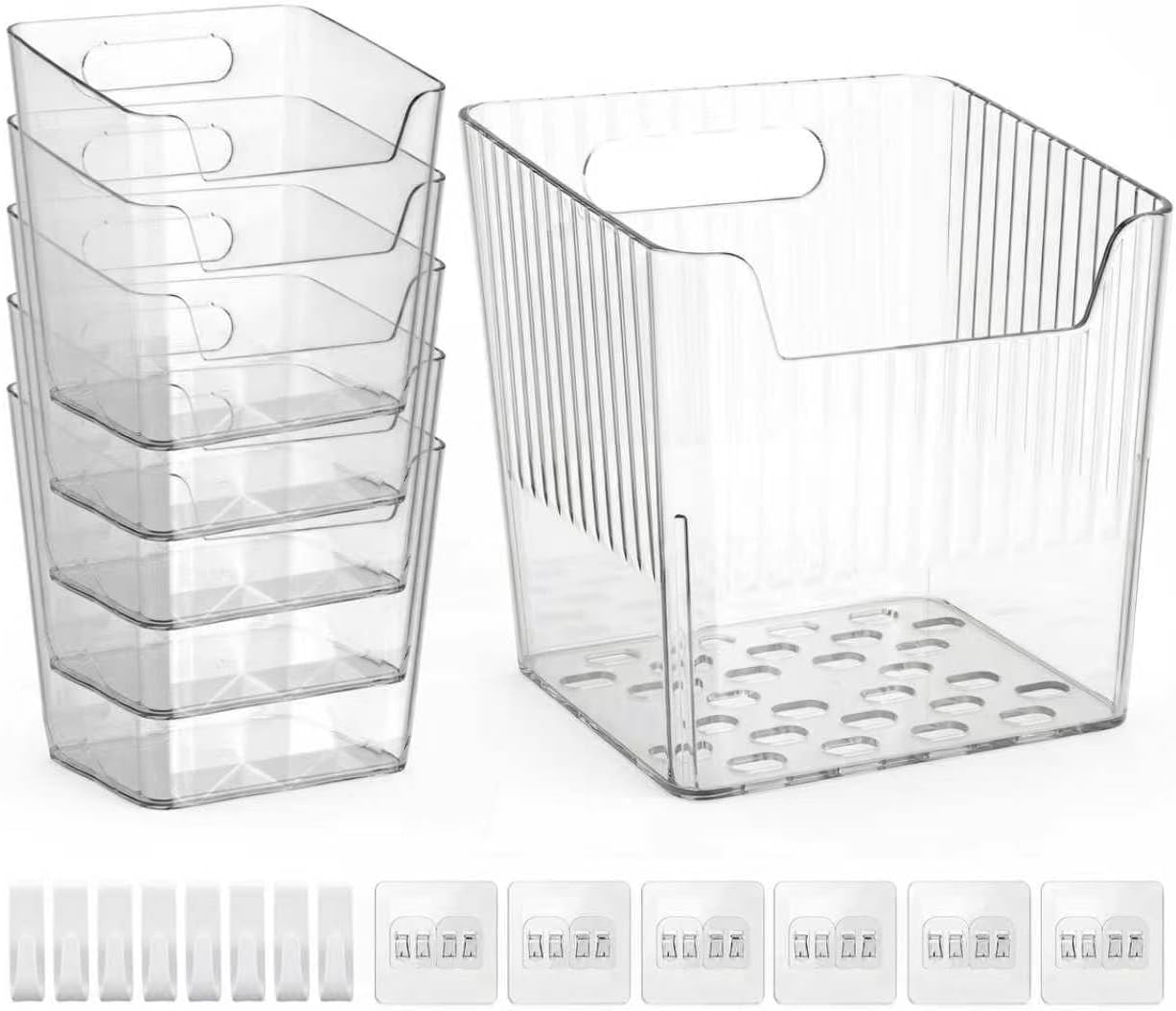 Wall Mount Organizer, 8 Hooks and 6 Pack Cabinet Door Storage Bins, Space-Saving Adhesive Bathroom Wall Organizer, Clear Wall Storage for Office, Cabinet, Pantry, Kitchen, Makeup