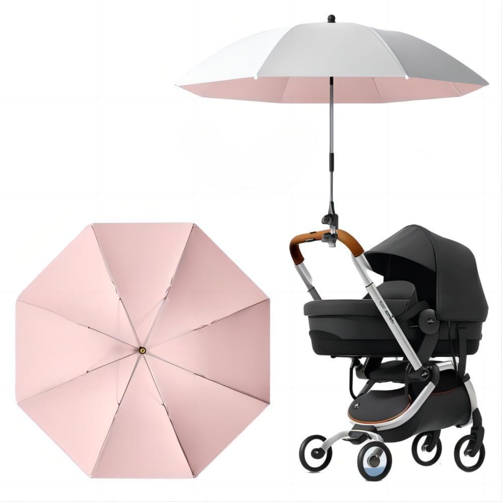PUBANGJM 92cm Sombrilla Carrito Bebe Universal Portátil, Parasol Carro Bebe Universal Con Clip Ajustable Rotación 360 °, Clip De Protección UV En El Cochecito De Paraguas Acoplable