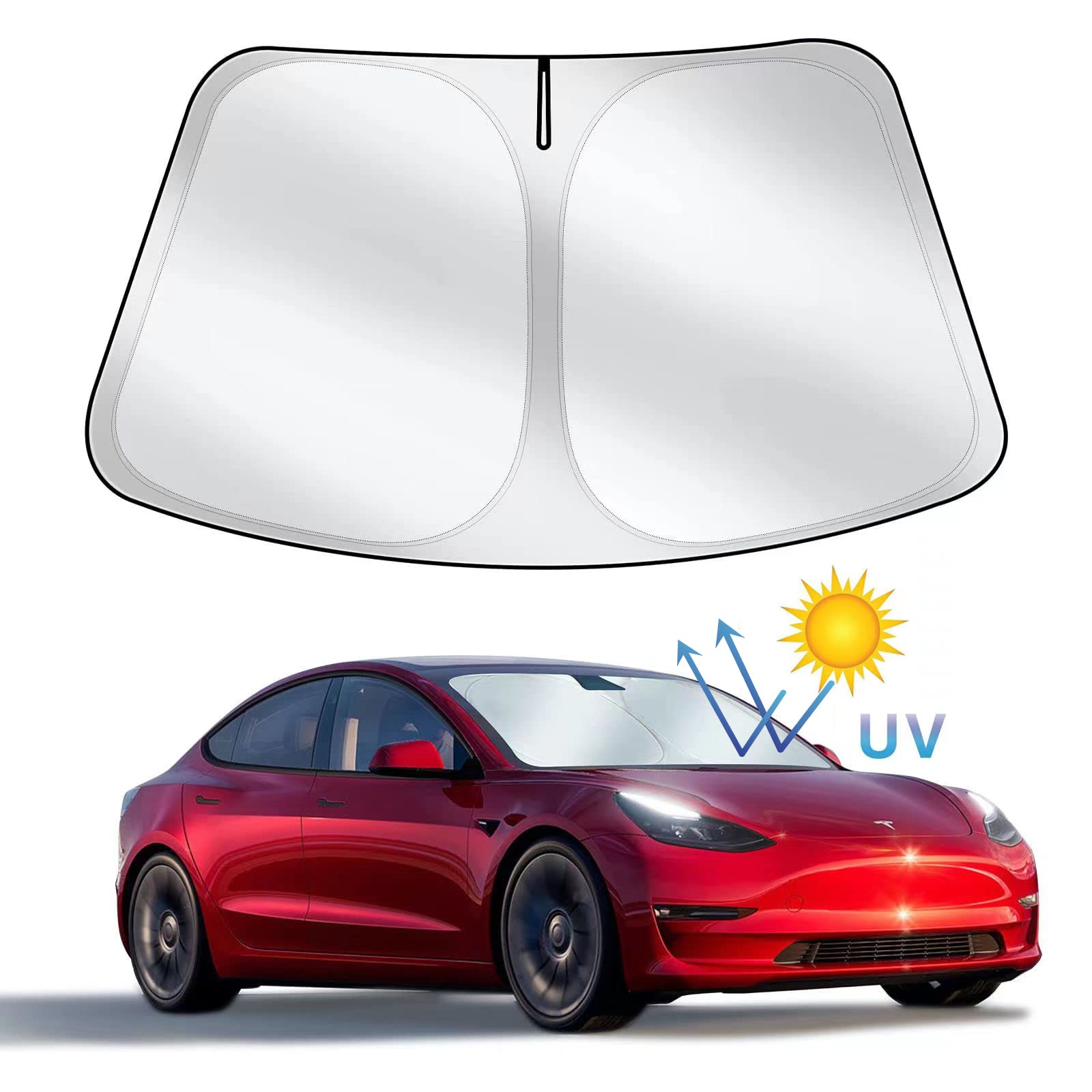 MAKINGTEC Tesla Model Y Model 3 Windshield Sunshade Folding Sun Visor Protector Sun Shade Cover 2022 Upgrade, Black&Sliver, CARSUN07