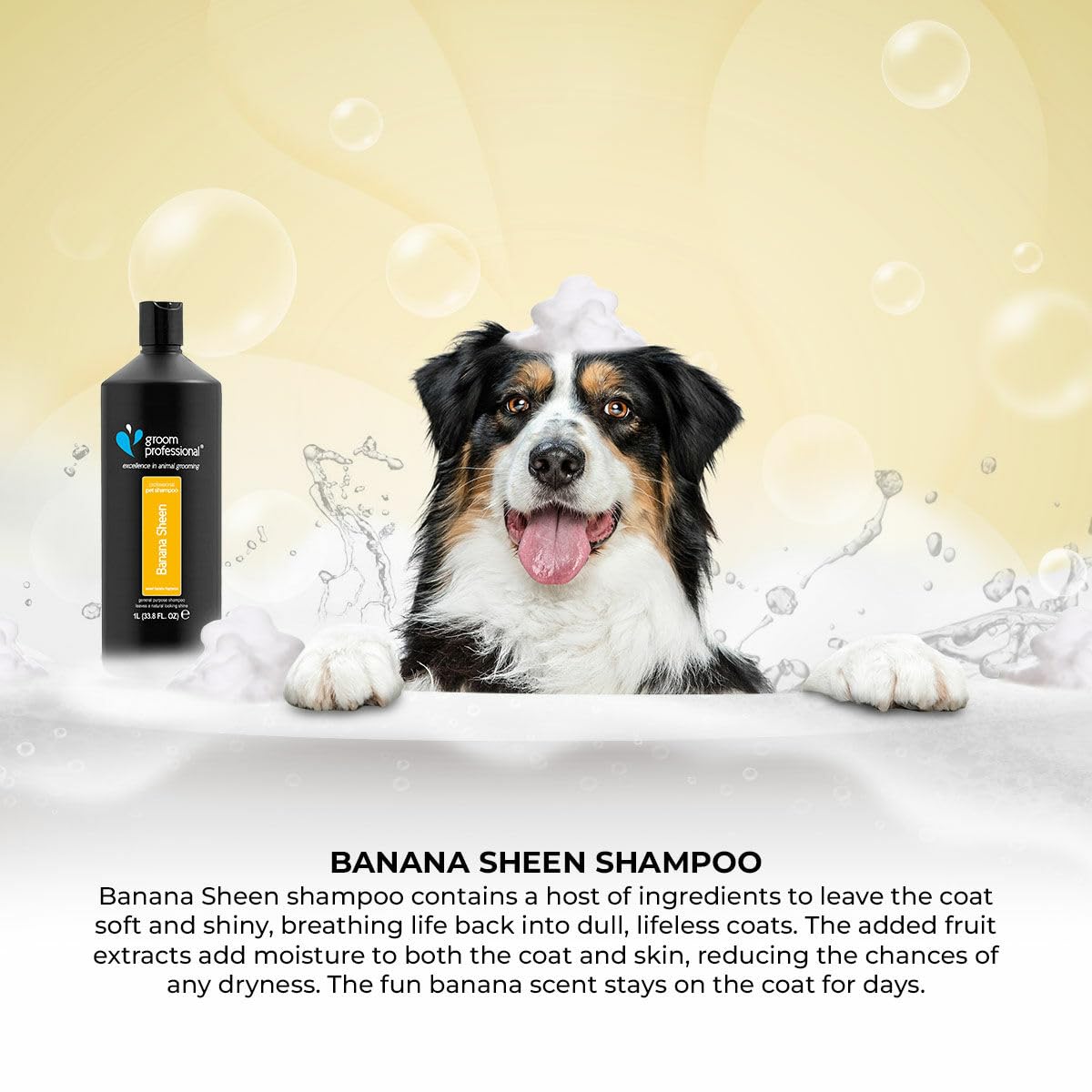 Groom Professional Banana Sheen Dog Shampoo (4 L) – Salon Size 12 : 1 Concentrate with Natural Banana Extract, Deep Cleaning and Conditioning, Restores Shine and Fresh Fragrance, Made in UK