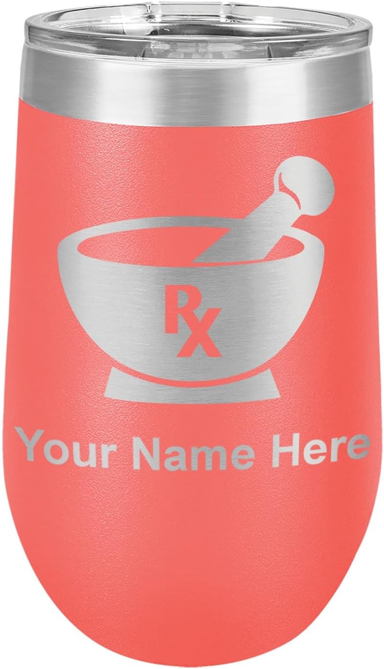 LaserGram 16oz Double Wall Stainless Steel Wine Glass Tumbler, Rx Pharmacy Symbol, Personalized Engraving Included (Black)