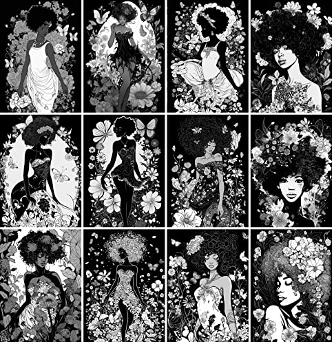 Image of PIXILUV 12 Blank Notecards for All Occasions ~ Beautiful Women of Color with Flowers and Butterflies ~ Vintage Book Illustration Postcards