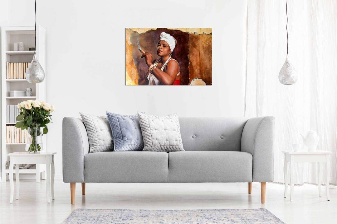 Stampa artistica da parete su tela, motivo: donna cubana con sigaro marrone, decorazione per la casa (24 x 16