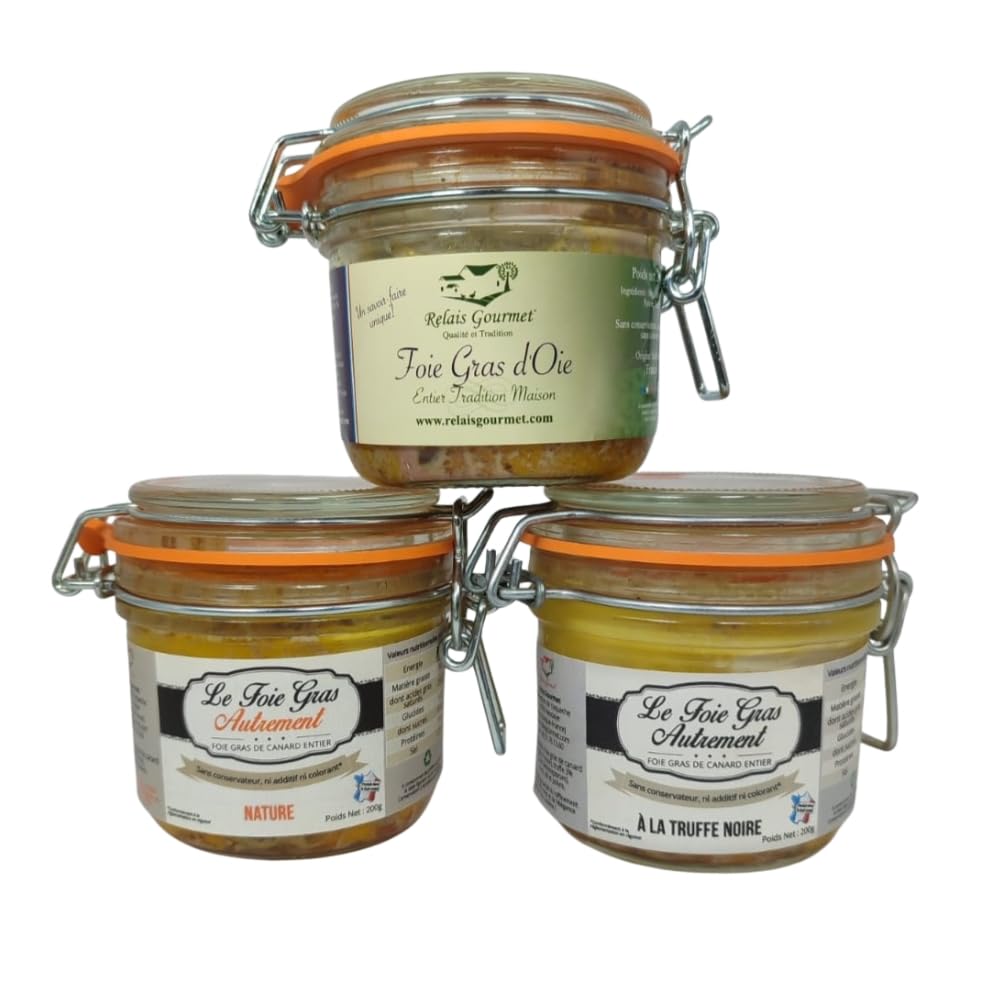 Foie Gras Entier Artisanal – Truffé, Nature & Oie – Coffret 3 pots 200g | Spécialités du Sud-Ouest | 100% Naturel, Sans Conservateurs, Additifs ni Colorants | Apéritif, Cadeau Gourmand, Fêtes