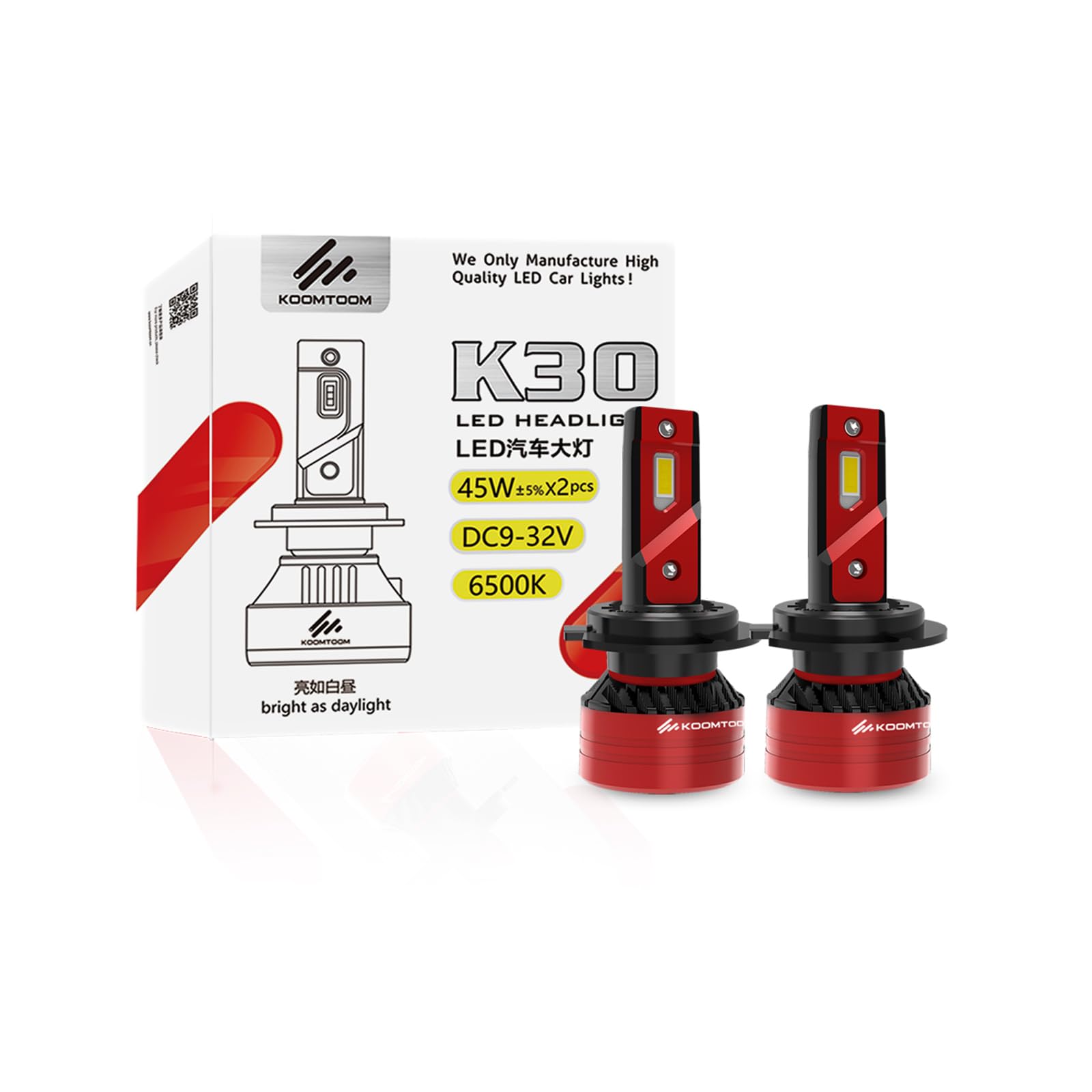 KOOMTOOM LED H7 Lampadina Fari 16000 lm (2 x 8000 lm) Alta potenza 90W Regolabile a 360 gradi Modello di fascio Canbus privo di errori, sostituzione alogena HID 6500K