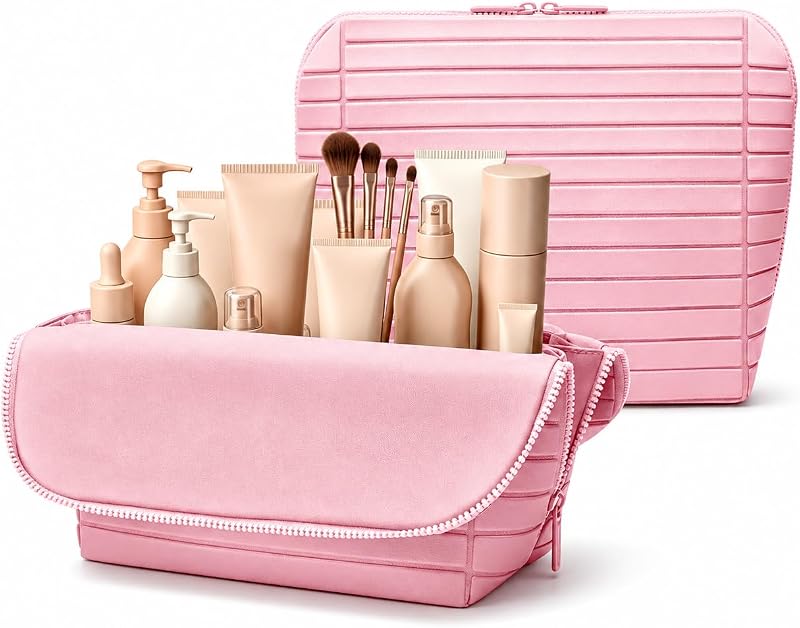 Necessaire organizadora de maquiagem Generic dobrável com divisórias ajustáveis, 27 bolsos e 3 suportes para pincéis, rosa, grande