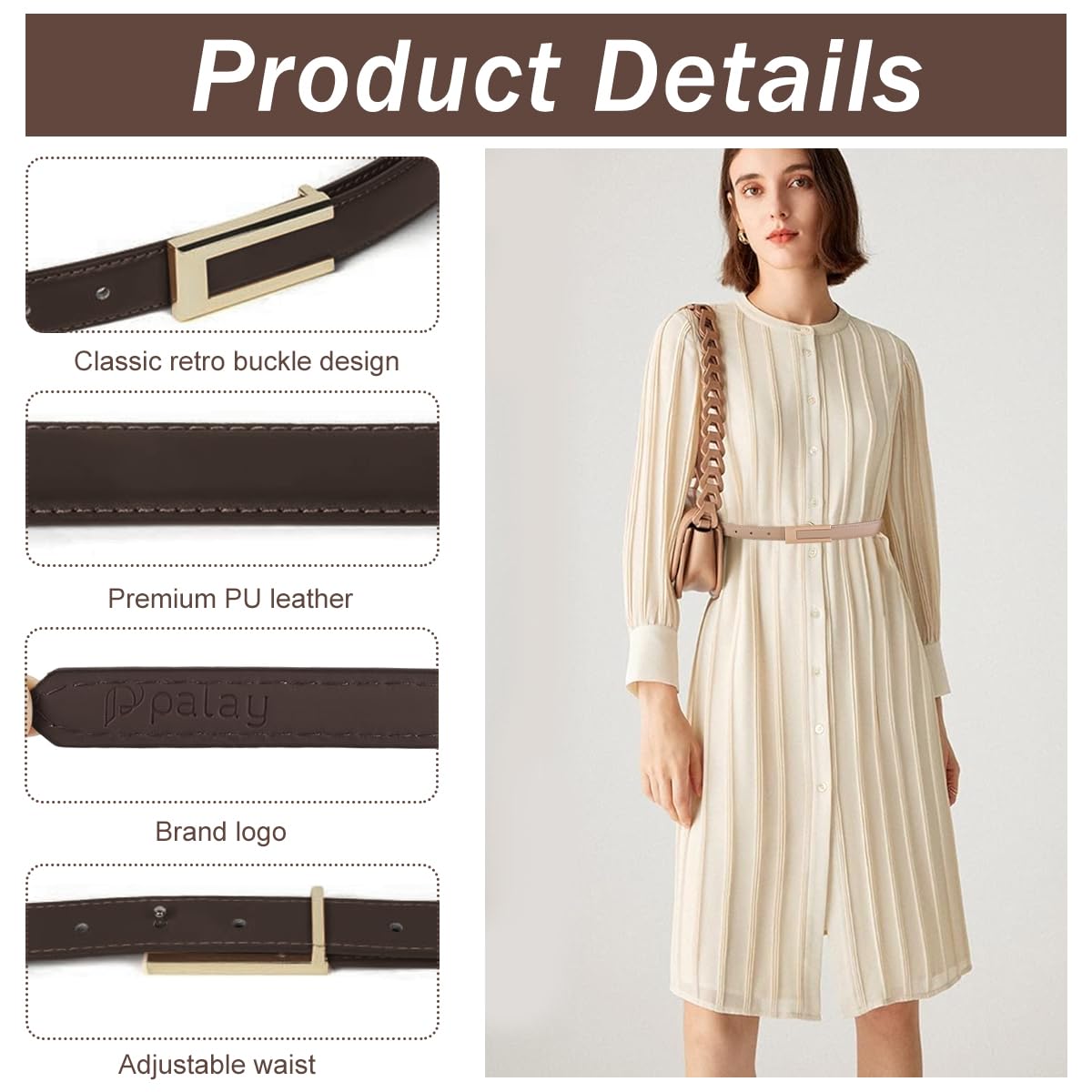 PALAY® Waist Belt for Women Dresses, 2Pcs PU Ladies Belt for Women Jeans, Minimalism Woman Slim Belt for Casual Blazer, Formal Suit, Gown, Evening Dress, Trousers (Interlock Buckle) - Image 3 thumbnail