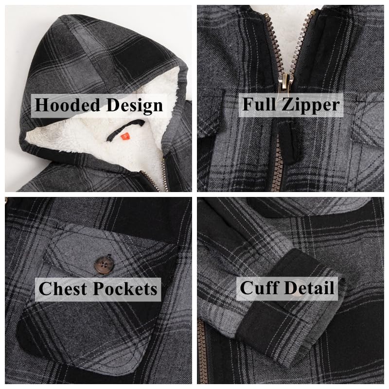 Image of ThCreasa Boys Plaid Flannel Jackets Sherpa Lined Zip Up Long Sleeve Warm Flannel Shirt with Hood