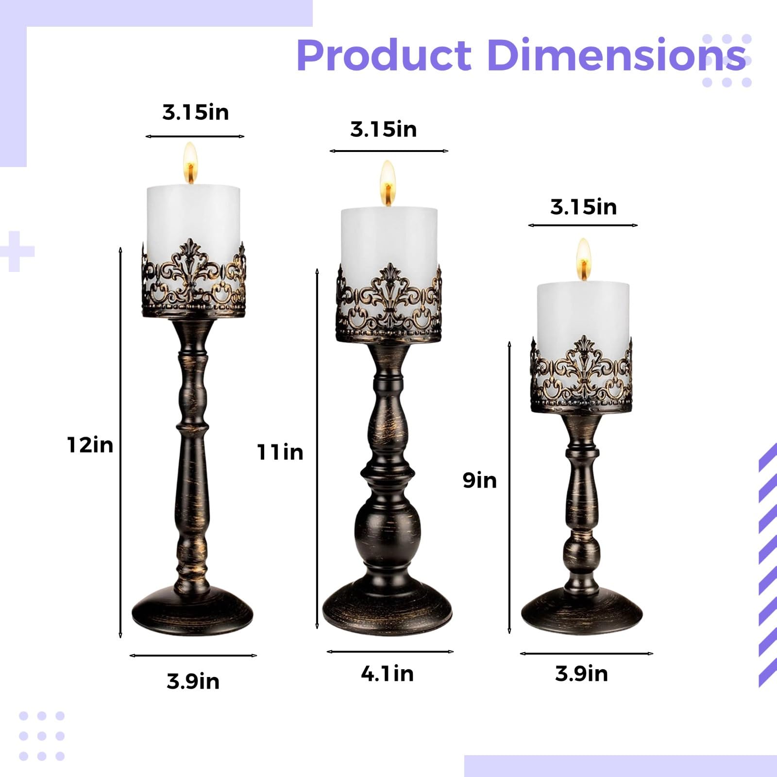 Gothic Kerzenständer-Set, 3-teilig, Vintage-Tischdekoration, Krone, hohlgeschnitztes Design, für 7,6 cm Stumpenkerzen, europäischer Stil